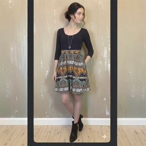 Maeve Anthropologie Black Boho Paisley Scoop Neck Half Sleeve Mini Dress Size 0P